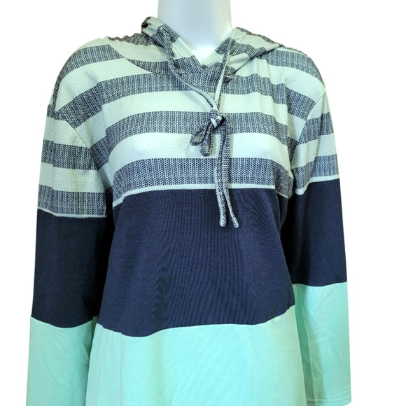 Pullover Hoodie Stripe Colorblock Womens Top Sz XL Green Blue Long Sleeve Shirt - Picture 8 of 16